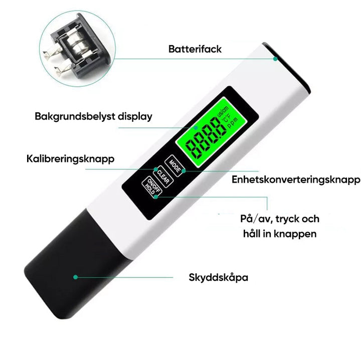 "4-i-1 digital vattentestare med LCD, mäter TDS, ledningsförmåga, temperatur; idealisk för hushållsbruk, akvarier, pooler."