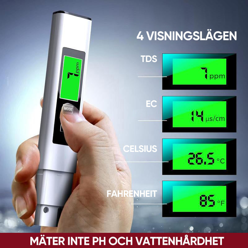 "4-i-1 digital vattentestare med LCD, mäter TDS, ledningsförmåga, temperatur; idealisk för hushållsbruk, akvarier, pooler."