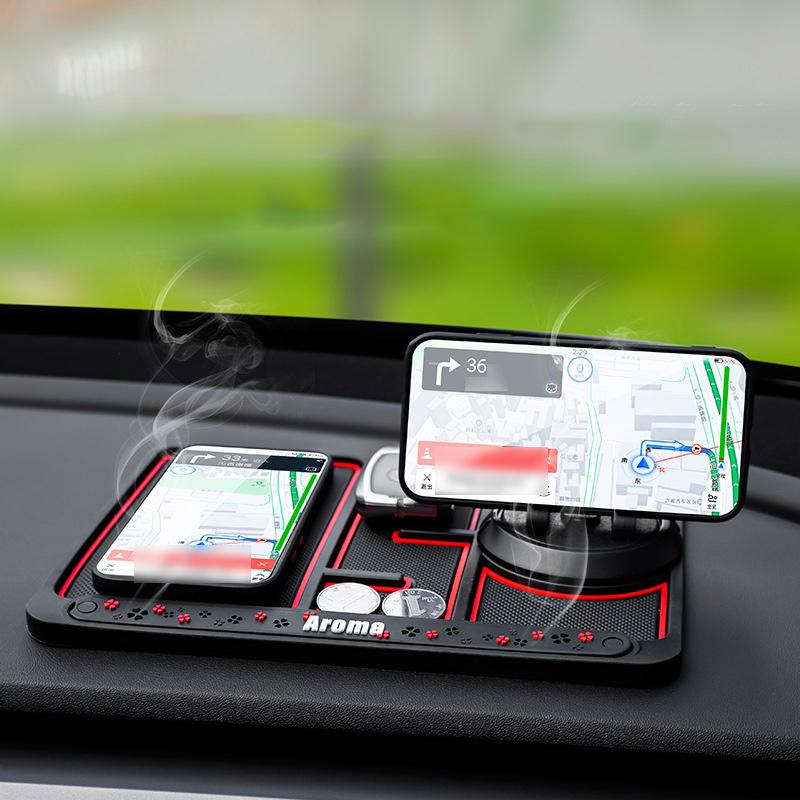 "4-i-1 halkfri biltelefonplatta i svart/rött med 360° hållare och aromaterapibox, perfekt för säker och organiserad bilkörnin