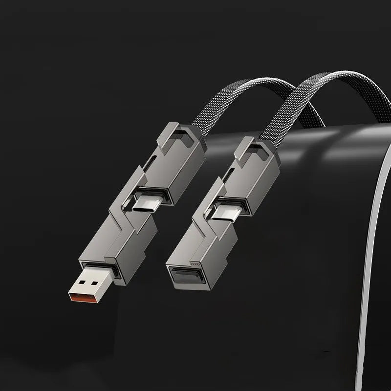 "4-i-1 platt flätad laddningskabel med USB-C, Lightning; anti-trassel design i svart nylon, optimal för snabbladdning"