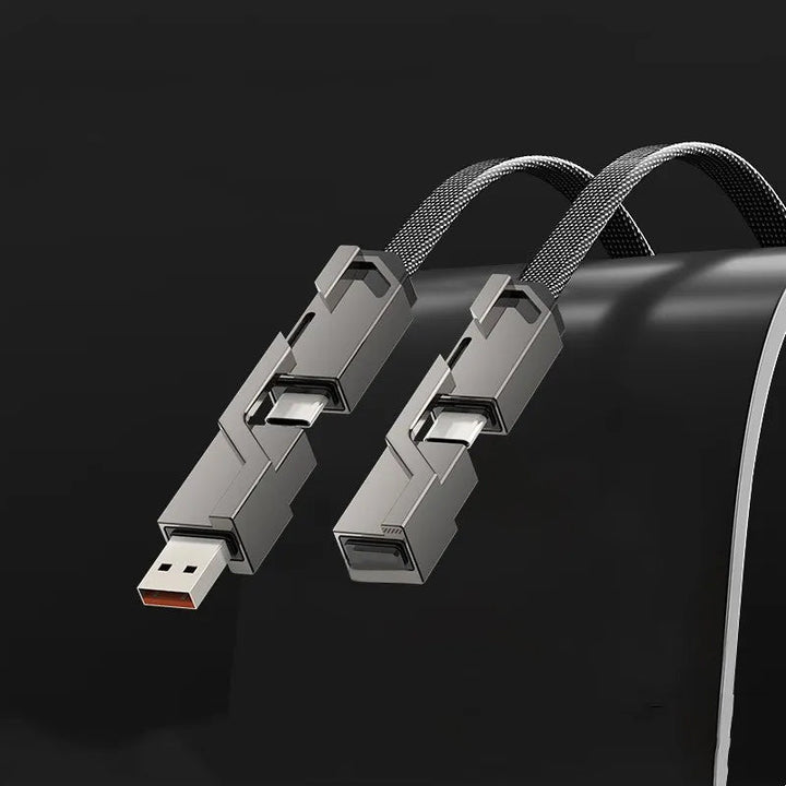 "4-i-1 platt flätad laddningskabel med USB-C, Lightning; anti-trassel design i svart nylon, optimal för snabbladdning"
