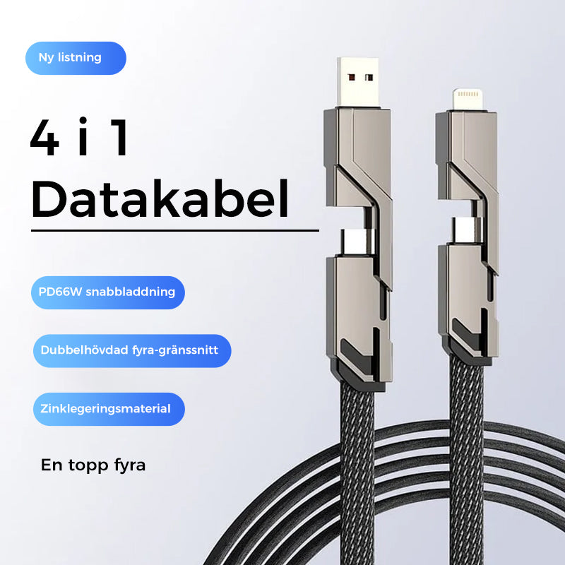 "4-i-1 platt flätad laddningskabel med USB-C, Lightning; anti-trassel design i svart nylon, optimal för snabbladdning"