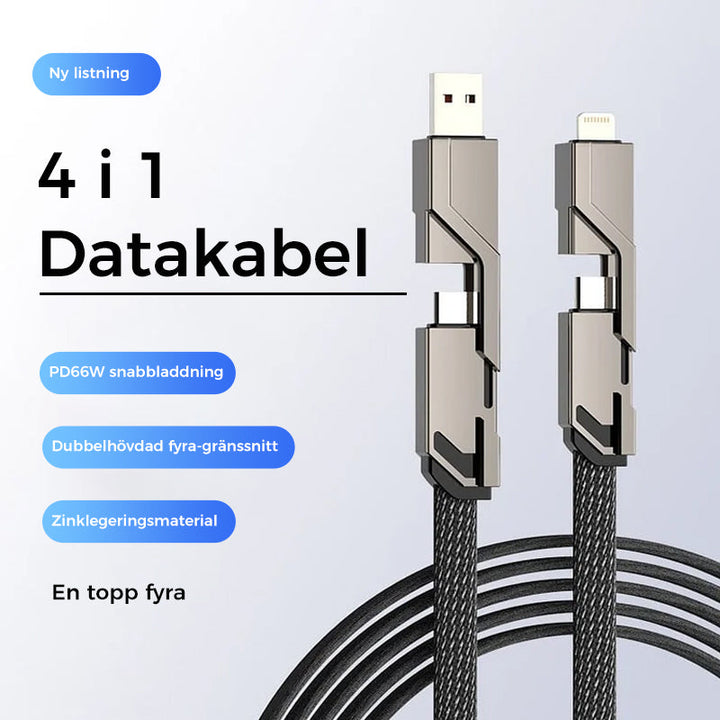 "4-i-1 platt flätad laddningskabel med USB-C, Lightning; anti-trassel design i svart nylon, optimal för snabbladdning"