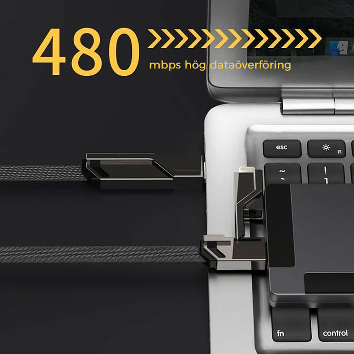 "4-i-1 platt flätad laddningskabel med USB-C, Lightning; anti-trassel design i svart nylon, optimal för snabbladdning"