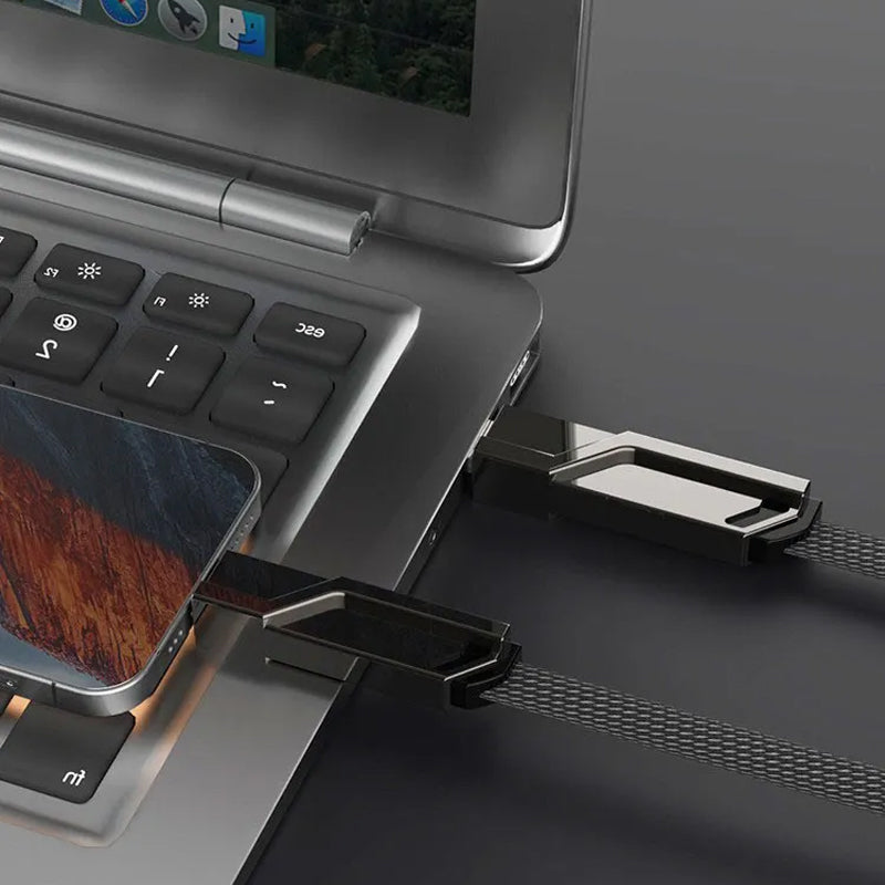 "4-i-1 platt flätad laddningskabel med USB-C, Lightning; anti-trassel design i svart nylon, optimal för snabbladdning"