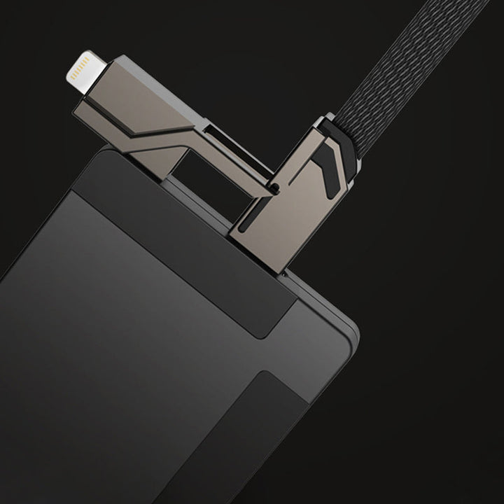 "4-i-1 platt flätad laddningskabel med USB-C, Lightning; anti-trassel design i svart nylon, optimal för snabbladdning"