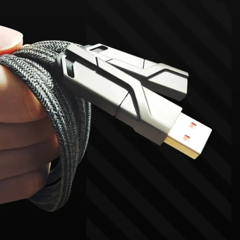 "4-i-1 platt flätad laddningskabel med USB-C, Lightning; anti-trassel design i svart nylon, optimal för snabbladdning"