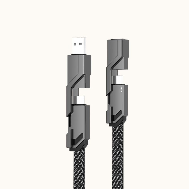 "4-i-1 platt flätad laddningskabel med USB-C, Lightning; anti-trassel design i svart nylon, optimal för snabbladdning"