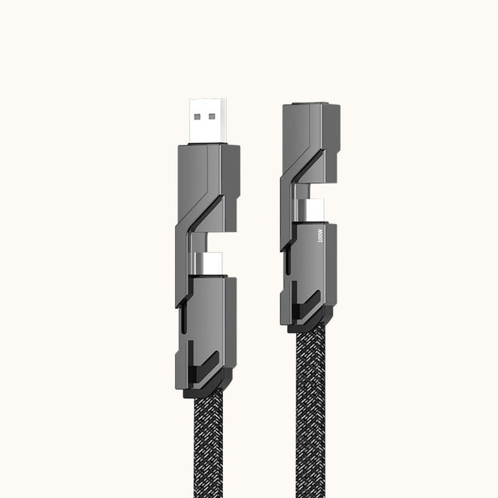 "4-i-1 platt flätad laddningskabel med USB-C, Lightning; anti-trassel design i svart nylon, optimal för snabbladdning"