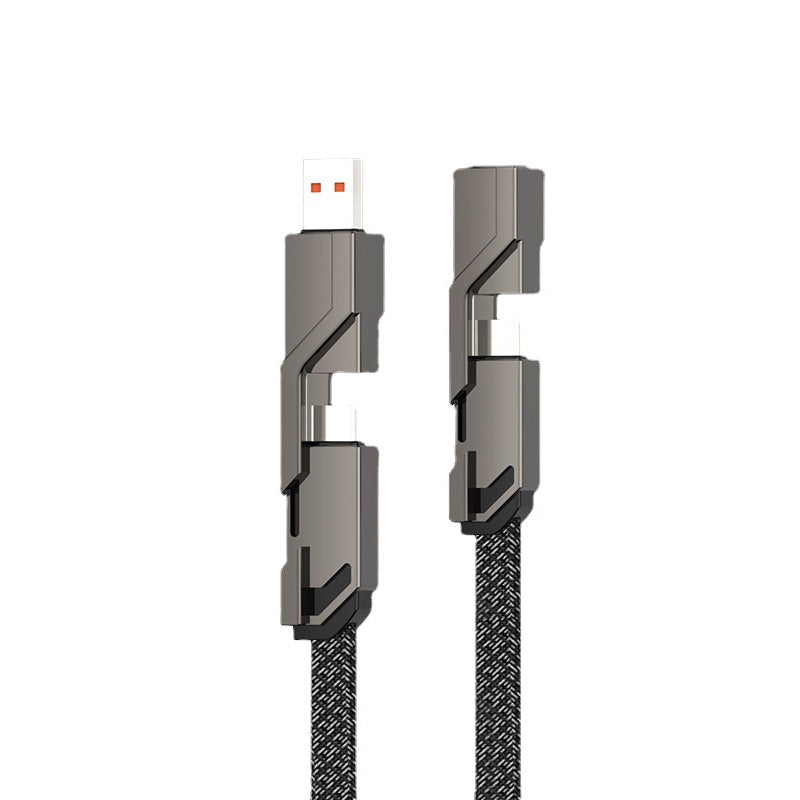 "4-i-1 platt flätad laddningskabel med USB-C, Lightning; anti-trassel design i svart nylon, optimal för snabbladdning"