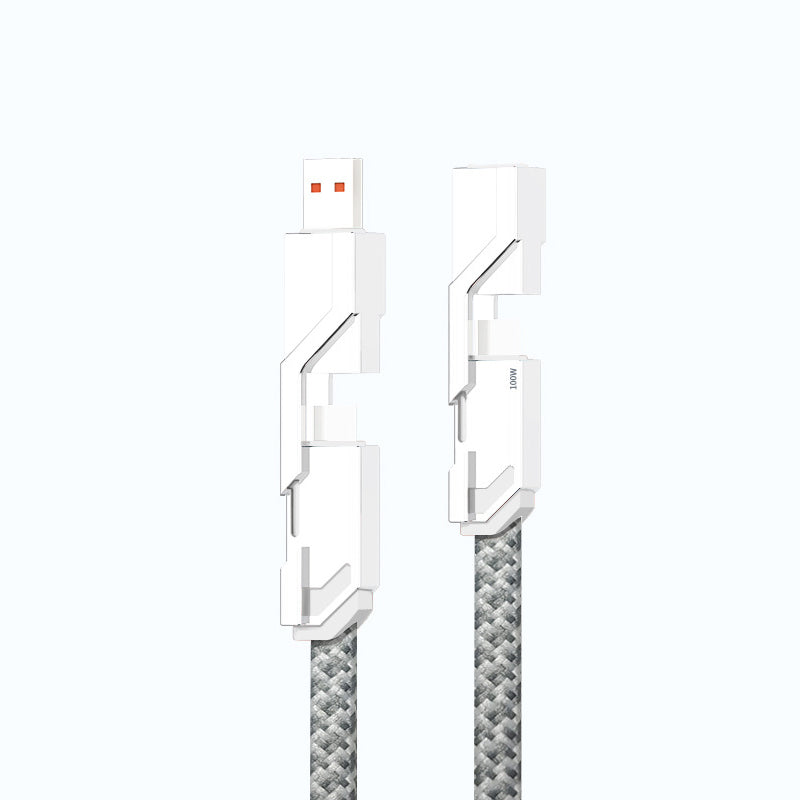 "4-i-1 platt flätad laddningskabel med USB-C, Lightning; anti-trassel design i svart nylon, optimal för snabbladdning"