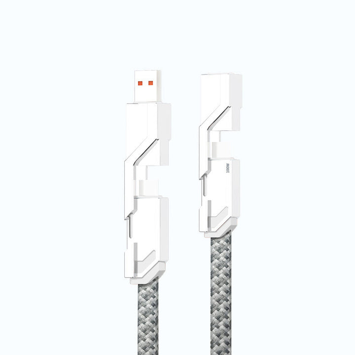 "4-i-1 platt flätad laddningskabel med USB-C, Lightning; anti-trassel design i svart nylon, optimal för snabbladdning"
