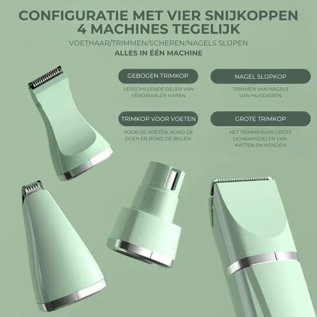 Ergonomisk 4-i-1 husdjurstrimmer för bekväm och effektiv pälsvård. Lång batteritid.