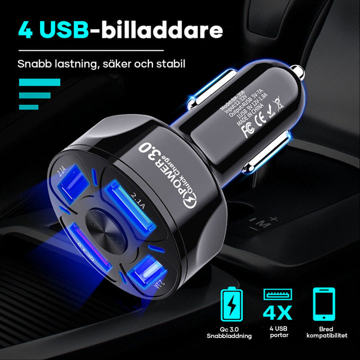 "4-i-1 snabbladdningsport för bil, svart och vit, USB, LED-display, kompakt design för enkel laddning i fordon"
