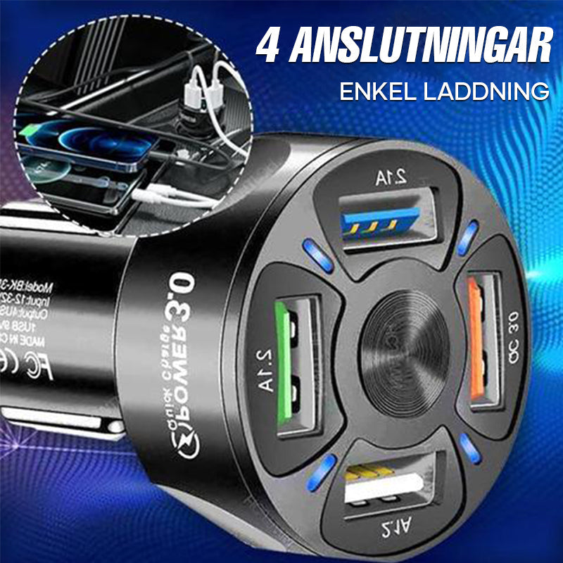 "4-i-1 snabbladdningsport för bil, svart och vit, USB, LED-display, kompakt design för enkel laddning i fordon"
