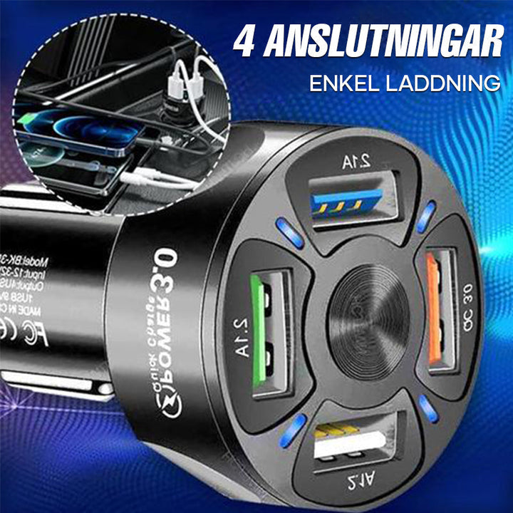 "4-i-1 snabbladdningsport för bil, svart och vit, USB, LED-display, kompakt design för enkel laddning i fordon"