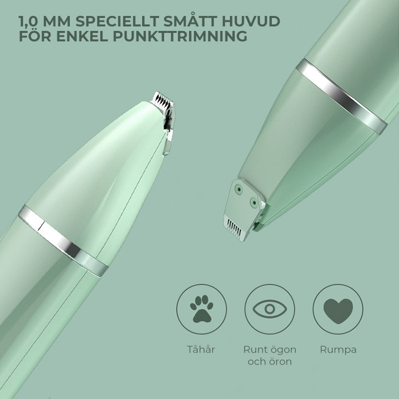 "4-i-1 trådlös djurhårtrimmer med tvättbara huvuden, ergonomisk design, i mjuka färger för husdjurstillbehör."