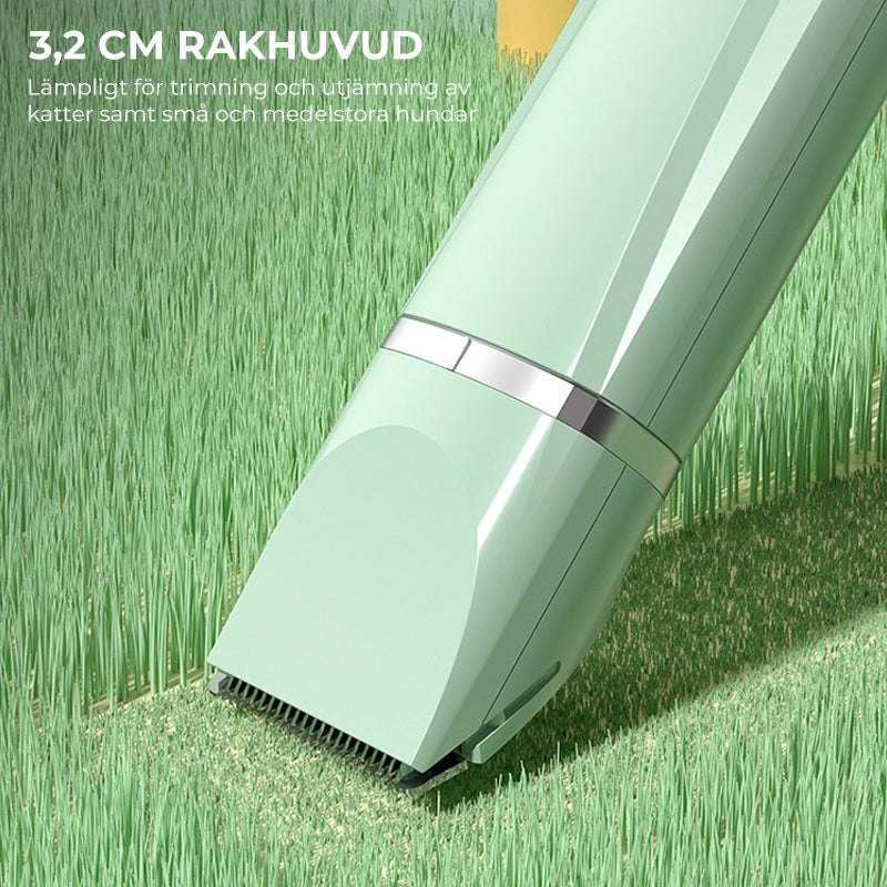 "4-i-1 trådlös djurhårtrimmer med tvättbara huvuden, ergonomisk design, i mjuka färger för husdjurstillbehör."