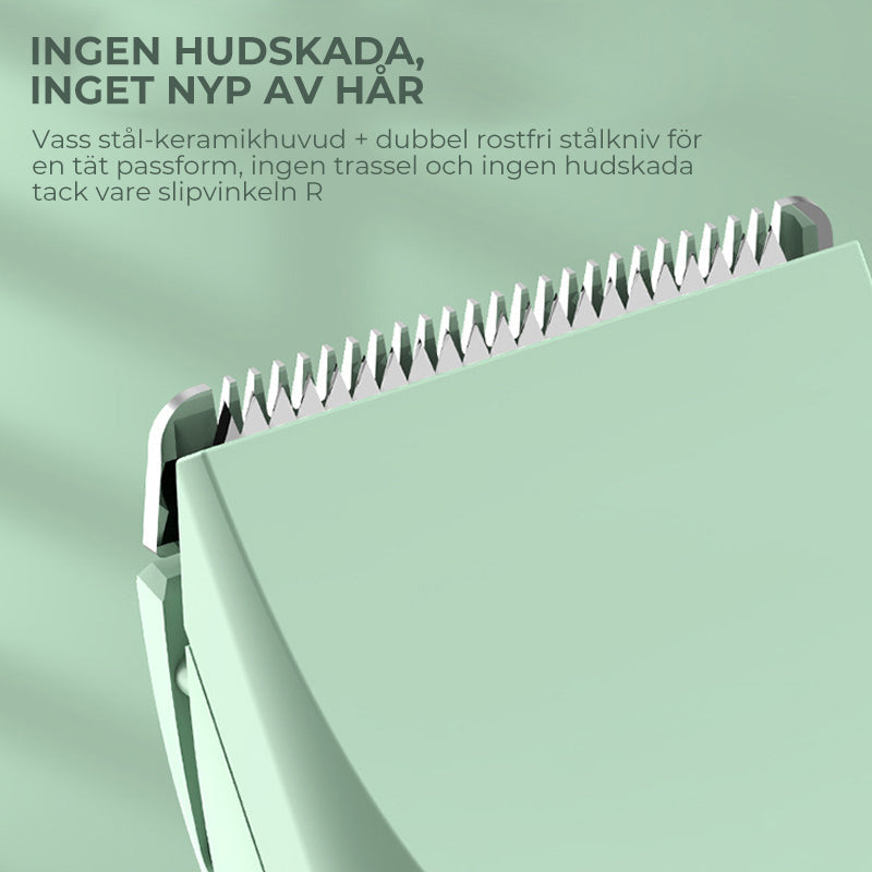 "4-i-1 trådlös djurhårtrimmer med tvättbara huvuden, ergonomisk design, i mjuka färger för husdjurstillbehör."