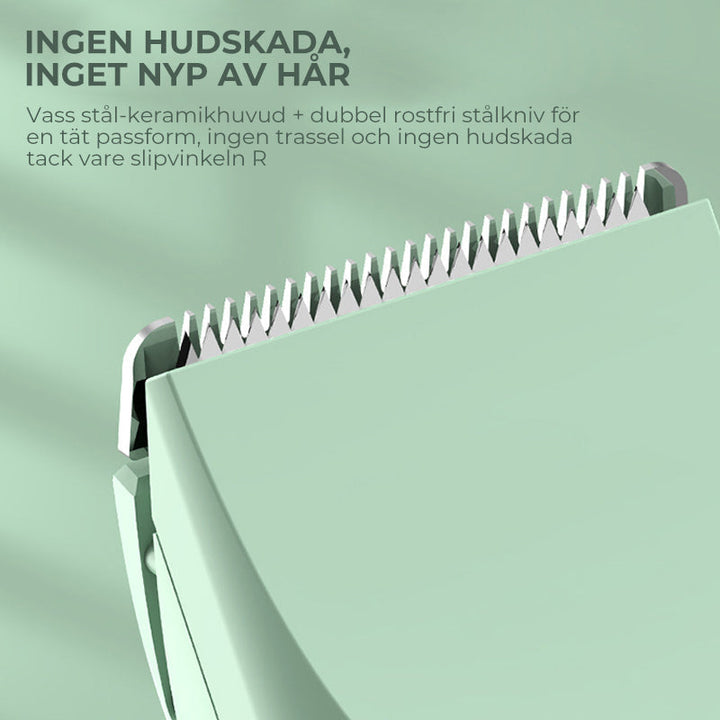 "4-i-1 trådlös djurhårtrimmer med tvättbara huvuden, ergonomisk design, i mjuka färger för husdjurstillbehör."