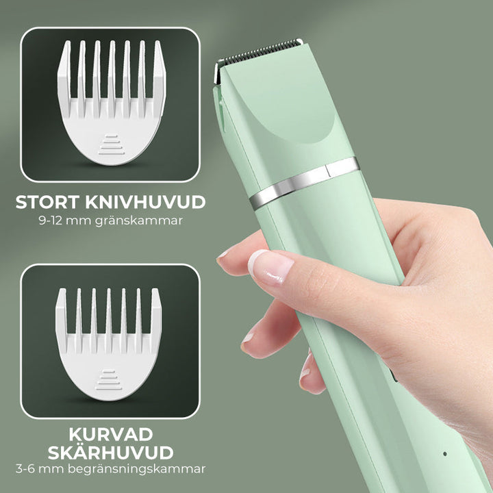 "4-i-1 trådlös djurhårtrimmer med tvättbara huvuden, ergonomisk design, i mjuka färger för husdjurstillbehör."