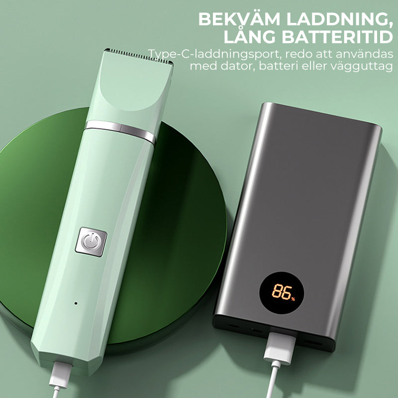 "4-i-1 trådlös djurhårtrimmer med tvättbara huvuden, ergonomisk design, i mjuka färger för husdjurstillbehör."