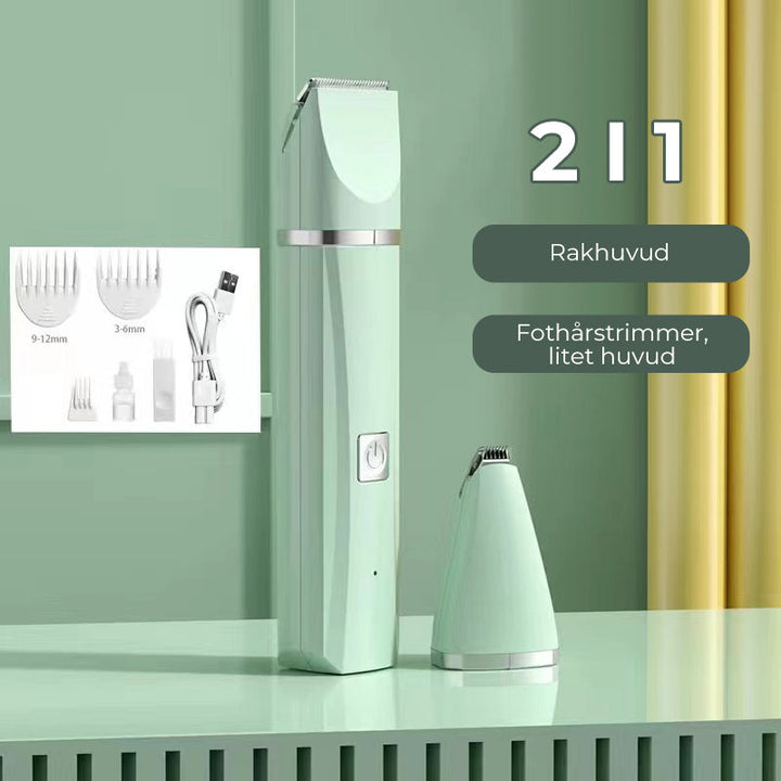 "4-i-1 trådlös djurhårtrimmer med tvättbara huvuden, ergonomisk design, i mjuka färger för husdjurstillbehör."