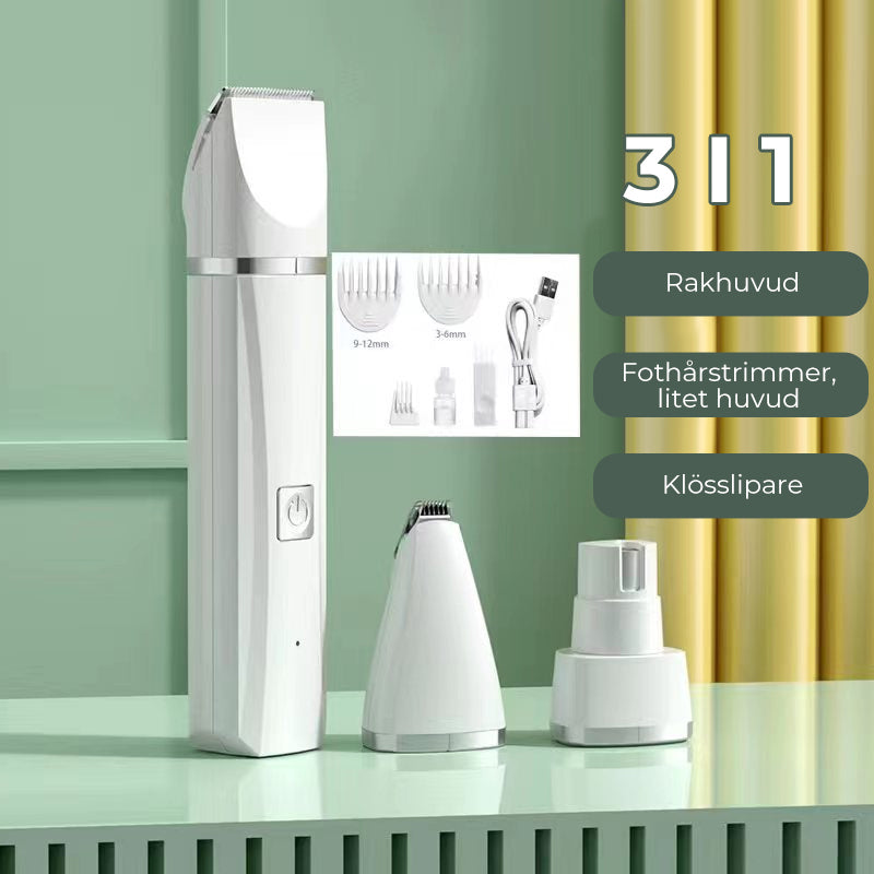 "4-i-1 trådlös djurhårtrimmer med tvättbara huvuden, ergonomisk design, i mjuka färger för husdjurstillbehör."