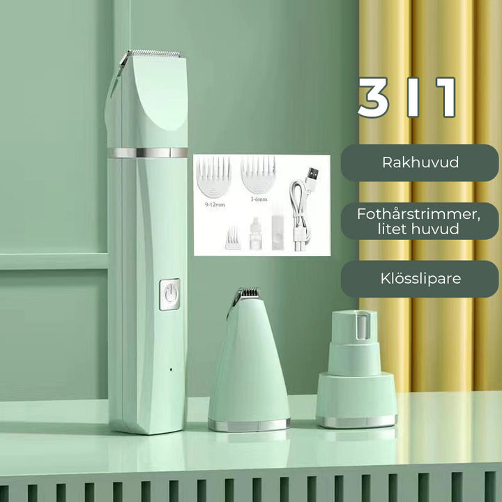"4-i-1 trådlös djurhårtrimmer med tvättbara huvuden, ergonomisk design, i mjuka färger för husdjurstillbehör."