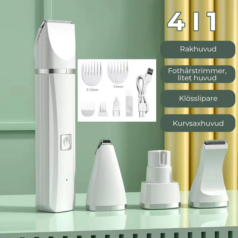 "4-i-1 trådlös djurhårtrimmer med tvättbara huvuden, ergonomisk design, i mjuka färger för husdjurstillbehör."