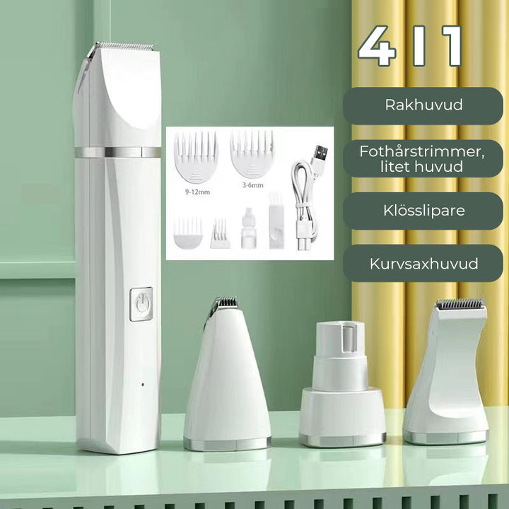 "4-i-1 trådlös djurhårtrimmer med tvättbara huvuden, ergonomisk design, i mjuka färger för husdjurstillbehör."