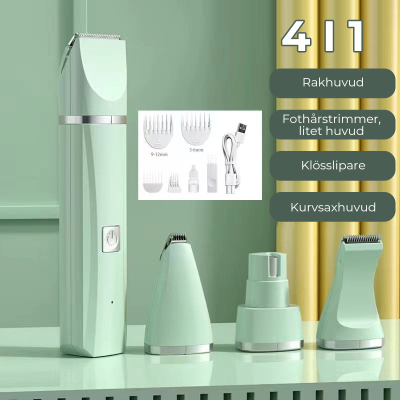 "4-i-1 trådlös djurhårtrimmer med tvättbara huvuden, ergonomisk design, i mjuka färger för husdjurstillbehör."