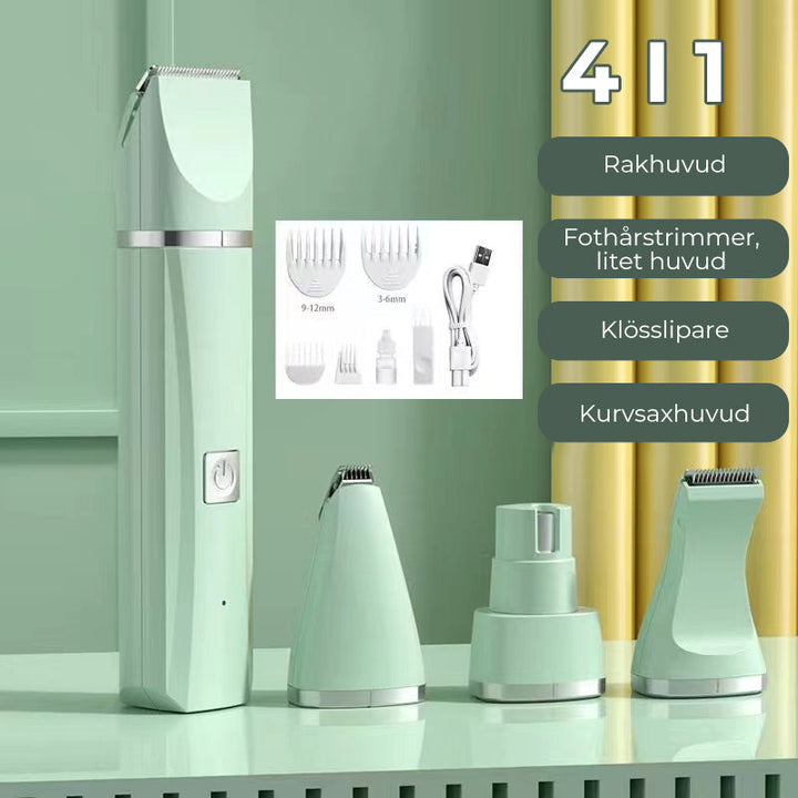 "4-i-1 trådlös djurhårtrimmer med tvättbara huvuden, ergonomisk design, i mjuka färger för husdjurstillbehör."