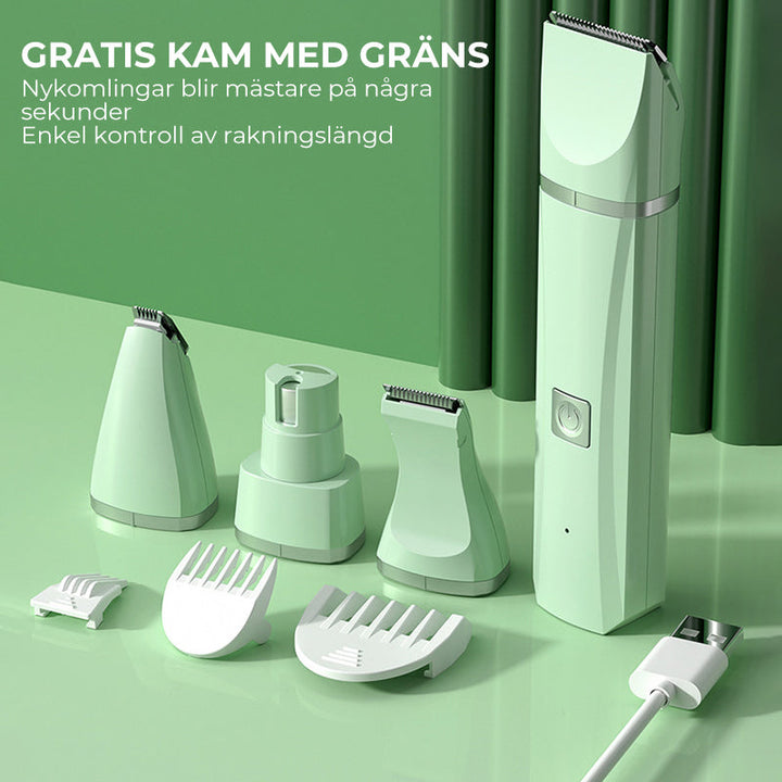 "4-i-1 trådlös djurhårtrimmer med tvättbara huvuden, ergonomisk design, i mjuka färger för husdjurstillbehör."