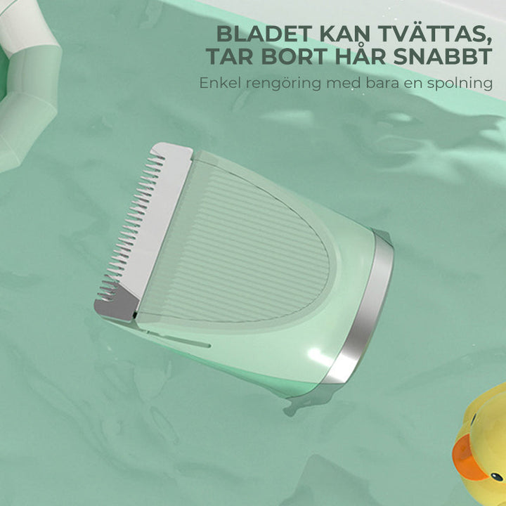 "4-i-1 trådlös djurhårtrimmer med tvättbara huvuden, ergonomisk design, i mjuka färger för husdjurstillbehör."