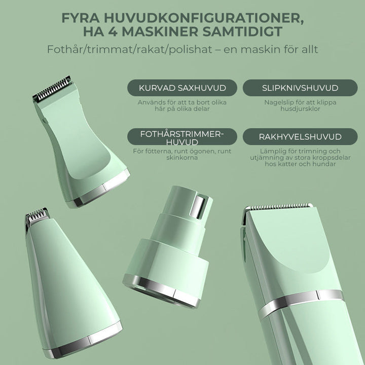 "4-i-1 trådlös djurhårtrimmer med tvättbara huvuden, ergonomisk design, i mjuka färger för husdjurstillbehör."