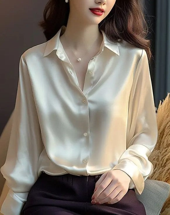 Kvinnors Satin Blus med Knäppning