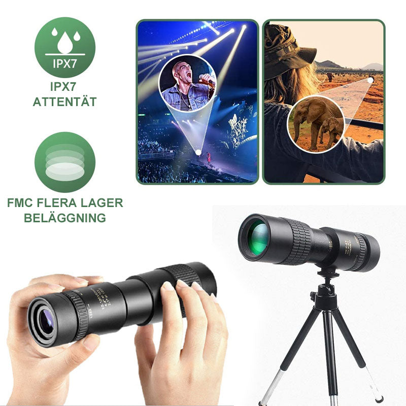 "4K vattentätt super-telezoom monokulärt teleskop för natur- och äventyrsupplevelser, kompakt och smartphone-kompatibelt."