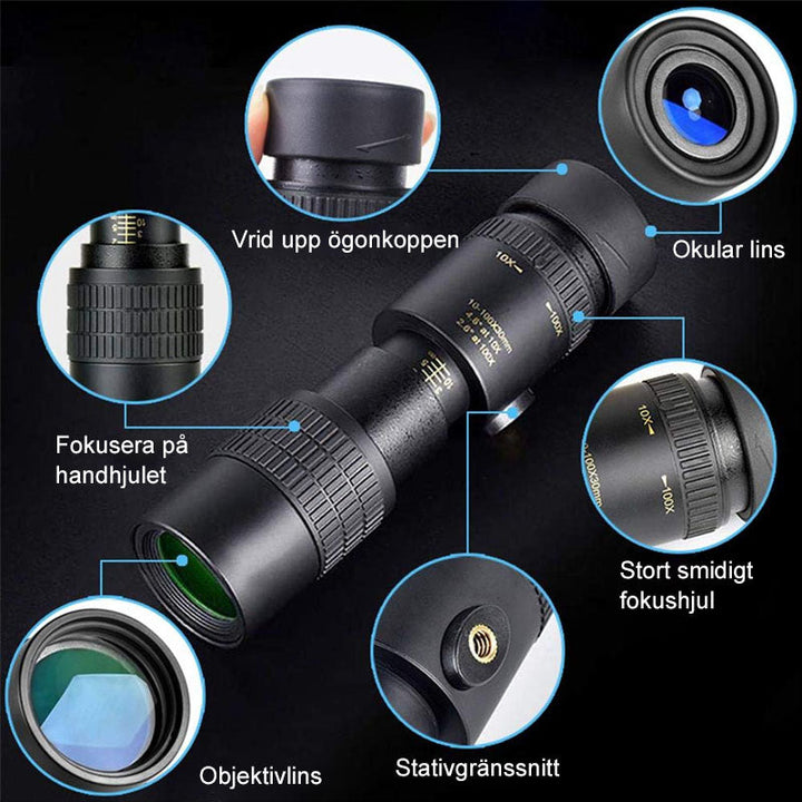 "4K vattentätt super-telezoom monokulärt teleskop för natur- och äventyrsupplevelser, kompakt och smartphone-kompatibelt."