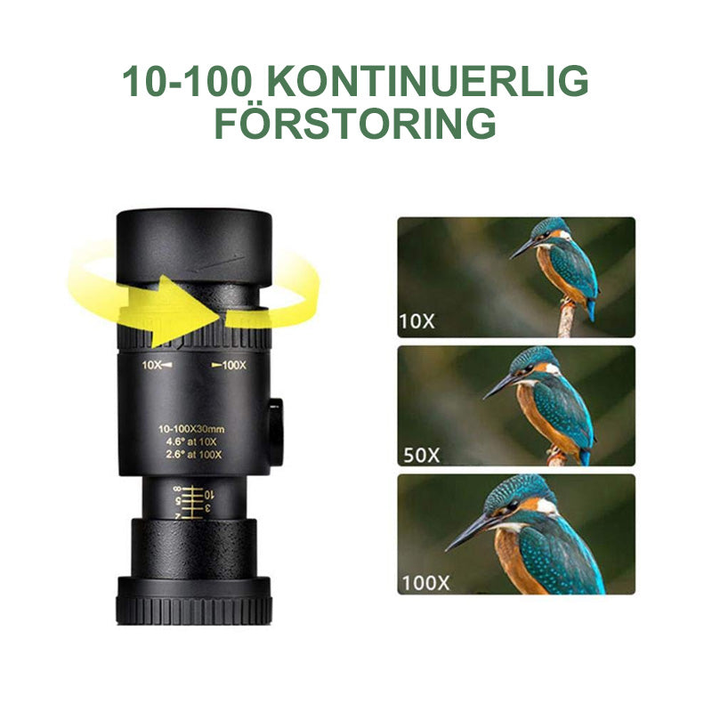"4K vattentätt super-telezoom monokulärt teleskop för natur- och äventyrsupplevelser, kompakt och smartphone-kompatibelt."