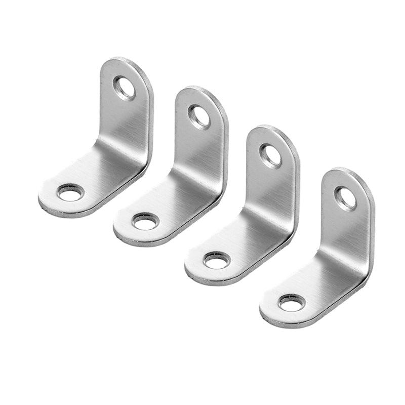 4-pack rostfria hörnbeslag, silverfinish, för stabilisering av möbler, robust design, enkel installation.