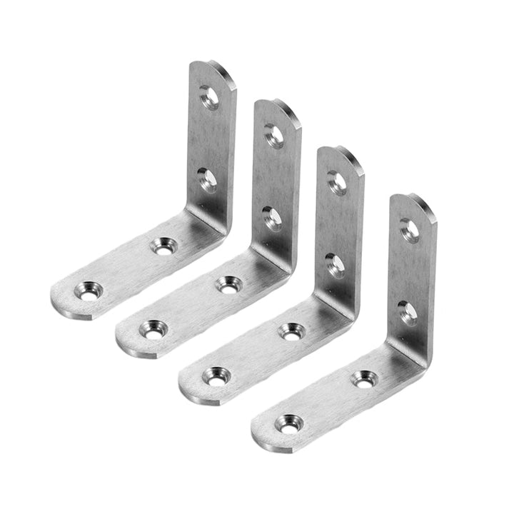 4-pack rostfria hörnbeslag, silverfinish, för stabilisering av möbler, robust design, enkel installation.
