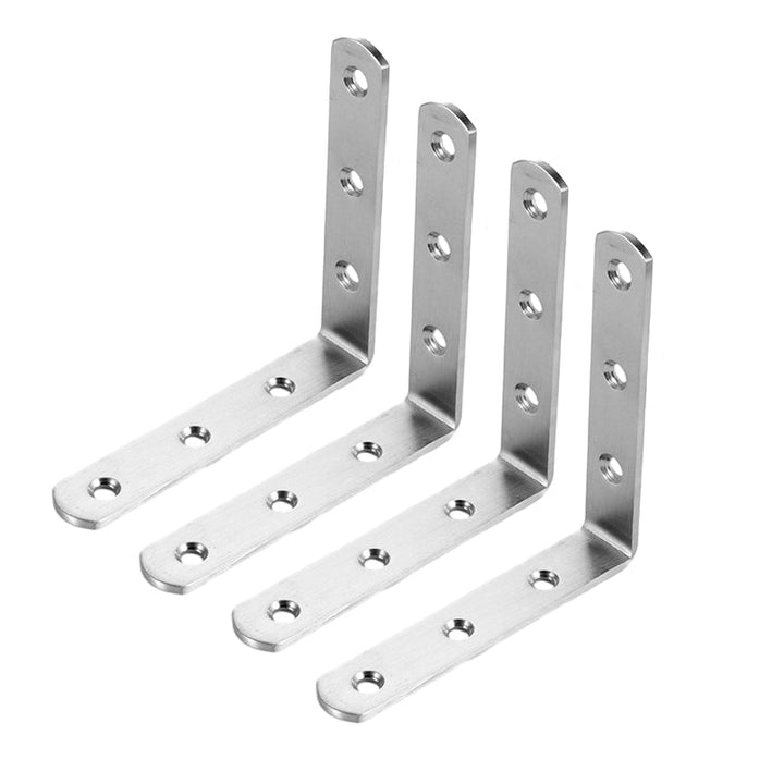 4-pack rostfria hörnbeslag, silverfinish, för stabilisering av möbler, robust design, enkel installation.