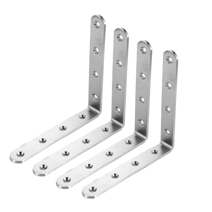 4-pack rostfria hörnbeslag, silverfinish, för stabilisering av möbler, robust design, enkel installation.