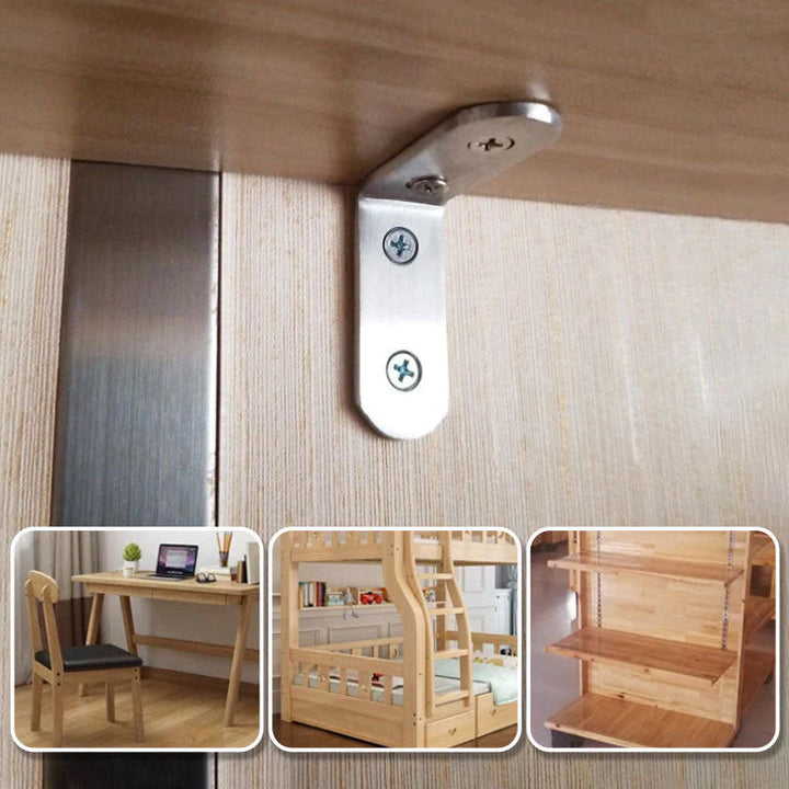 4-pack rostfria hörnbeslag, silverfinish, för stabilisering av möbler, robust design, enkel installation.