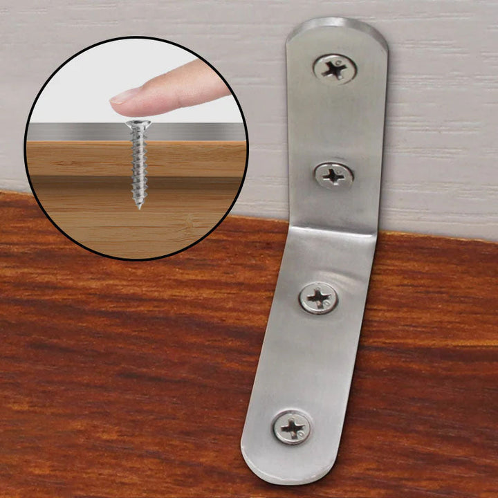 4-pack rostfria hörnbeslag, silverfinish, för stabilisering av möbler, robust design, enkel installation.