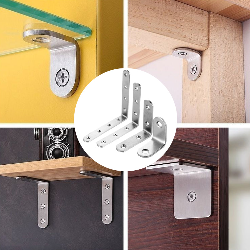 4-pack rostfria hörnbeslag, silverfinish, för stabilisering av möbler, robust design, enkel installation.