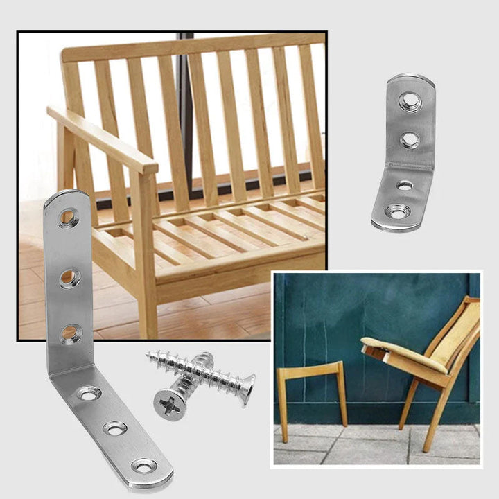 4-pack rostfria hörnbeslag, silverfinish, för stabilisering av möbler, robust design, enkel installation.