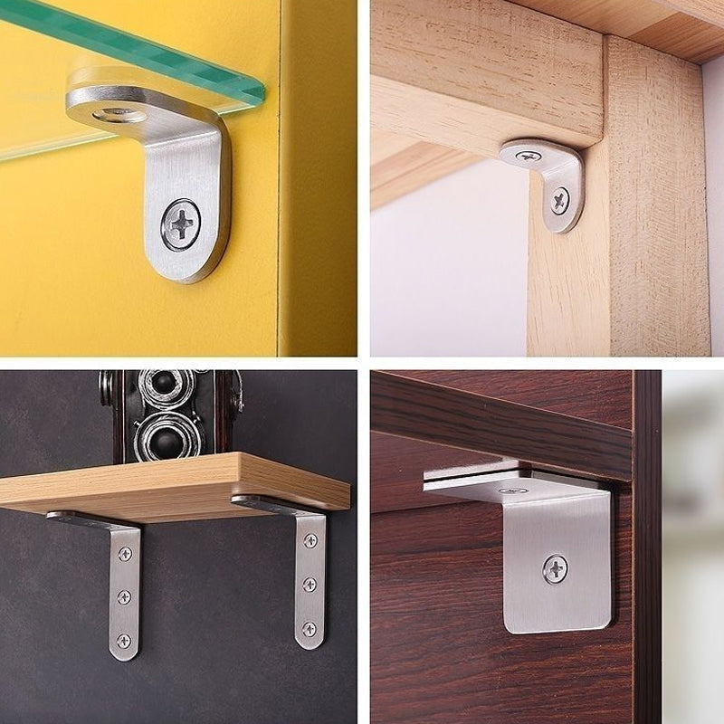 4-pack rostfria hörnbeslag, silverfinish, för stabilisering av möbler, robust design, enkel installation.