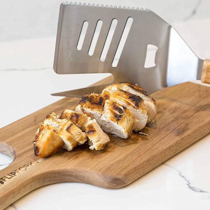 5-i-1 köksverktyg och grillspade med gaffel, brett blad, halkfritt mjukt handtag. Mångsidig och värmetålig design.